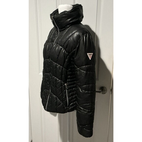 GUESS Coat Quilted Puffer Jacket Zipper Logo Black Women’s Size L - Picture 3 of 7